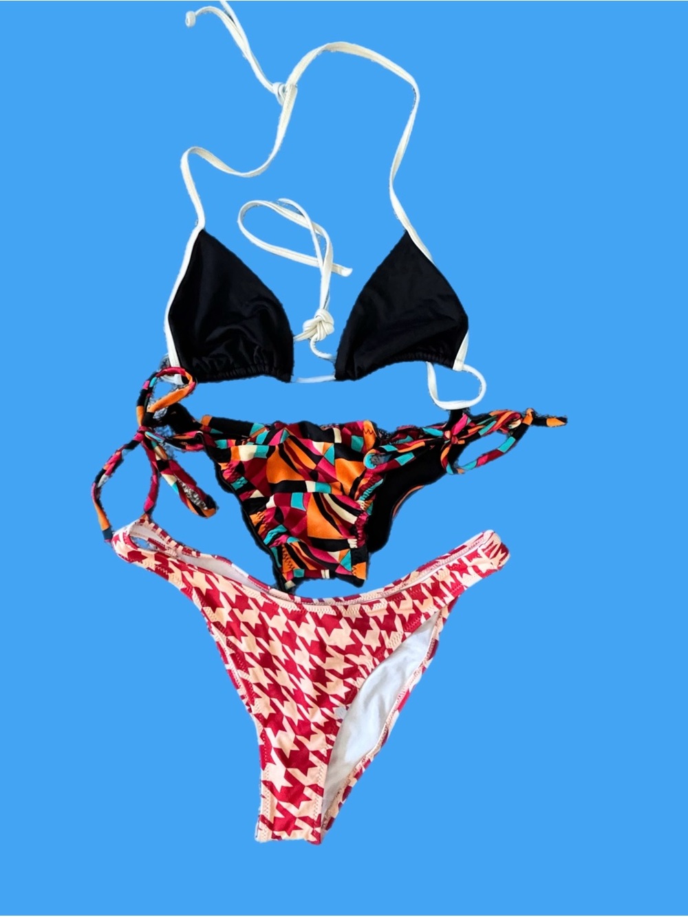 Women’s Mixed-Print Triangle Bikini Bundle- Black, Multicolor & Red
